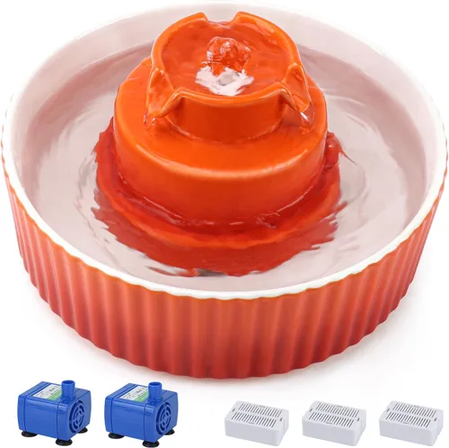 Vista 8 de Fuente de agua de cerámica para gatos Lawfery, fuente de gato de 2.1L/71oz con 3 filtros de carbón y 2 bombas de agua, fuente de agua para mascotas