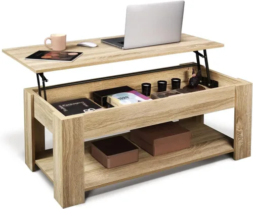 Vista 9 de CAPHAUS Mesa auxiliar elevable con almacenamiento y compartimento oculto, mesa elevadora para sala de estar, estante inferior abierto, 41 pulgadas