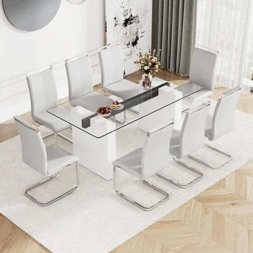 Vista 8 de Juego de mesa de comedor de vidrio de 71 pulgadas para 6, mesa de comedor para 6, mesa de vidrio templado con marco de MDF blanco y 6 sillas