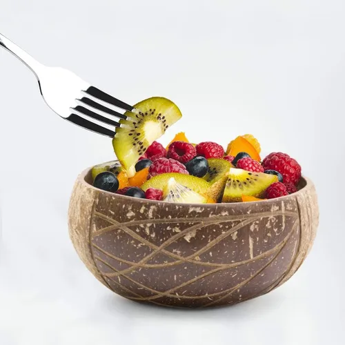Vista 3 de Rainforest Bowls Juego de 2 cuencos de coco Jumbo Waves, 2 cucharas de madera y 2 popotes de bambú reutilizables, 100% naturales, tallados a mano