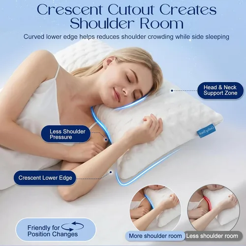 Vista 3 de Almohadas para dormir de lado para comodidad de cuello y hombros, diseño ergonómico de media luna curvada, espuma viscoelástica triturada ajustable
