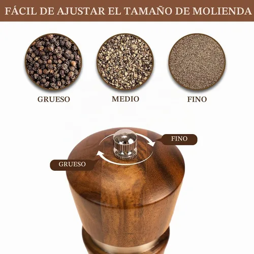 Vista 6 de XWXO 1 paquete de molinillo de pimienta de madera, molinillo de sal de 8 pulgadas, salero con rotor de cerámica ajustable, molinillo de pimienta