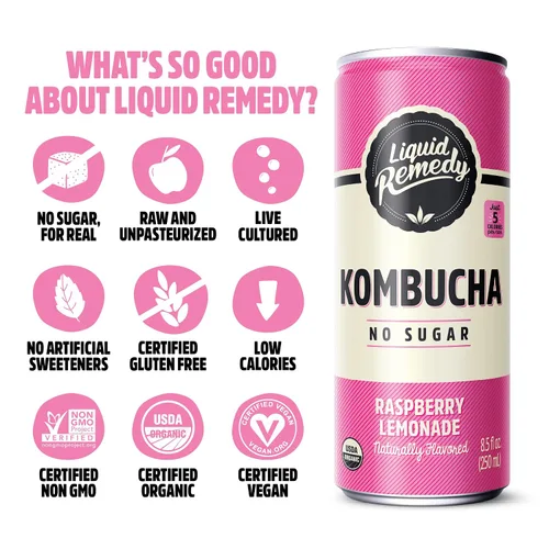 Vista 2 de Liquid Remedy Kombucha - Bebida orgánica sin azúcar, baja en calorías, té probiótico para la salud intestinal, paquete variado de favoritos