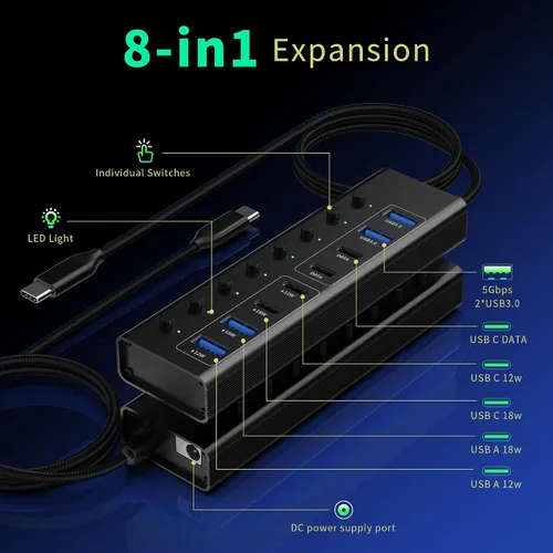 Vista 2 de Hub USB alimentado, divisor USB 3.0 de 8 puertos con 4 puertos de datos rápidos (2 USB-A 3.0 y 2 USB-C), 4 puertos de carga, adaptador de corriente