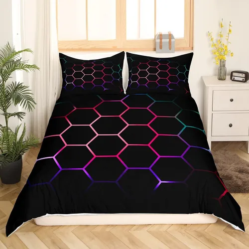 Vista 27 de Funda de edredón de panal para niños, hombres y niñas, juego de ropa de cama moderno con temática geométrica hexagonal, diseño de cuadrícula
