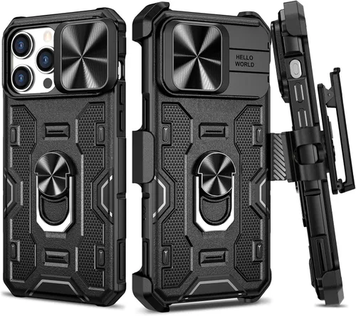Vista 15 de VEGO Funda para iPhone 13 Pro Max/iPhone 12 Pro Max con soporte, cubierta deslizante para cámara y funda con clip para cinturón, funda protectora