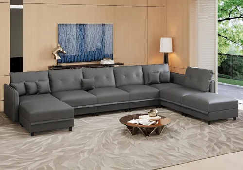 Vista 20 de LLappuil Sofá cama modular en forma de U de 6 plazas con almacenamiento, asiento profundo de piel sintética para sala de estar, impermeable y Negro