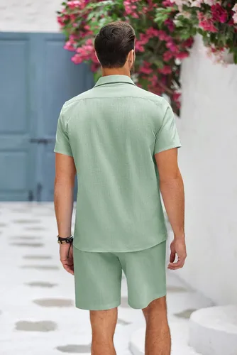 Vista 5 de COOFANDY Conjunto de ropa de playa de algodón Guayabera para hombre, conjunto corto de lino de 2 piezas