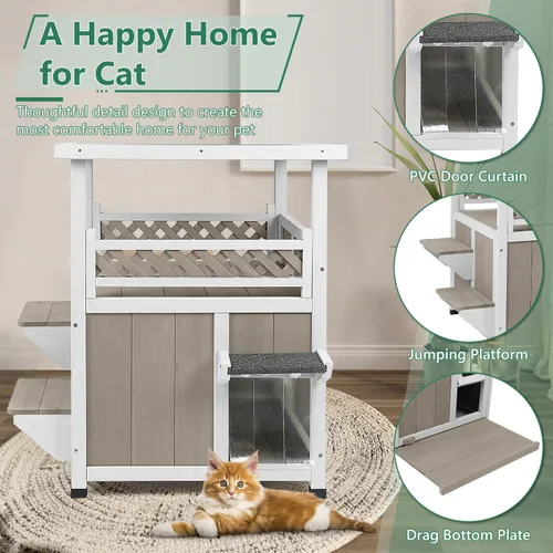Vista 4 de PetsCosset Casa para gatos al aire libre resistente a la intemperie, refugio de gatos de dos pisos para exteriores, condominio interior para gatos