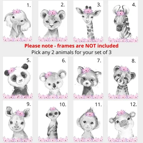 Vista 2 de Juego de 3 pósteres de animales de safari para niñas, habitación del bebé, sin marco, con nombre personalizado, flores rosas o moradas, decoración