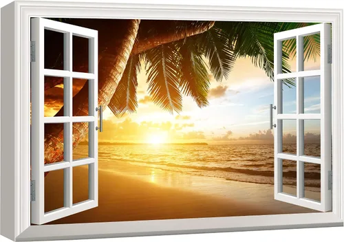 Vista 16 de wall26 Lienzo impreso para pared, vista de ventana a barco y playa tropical, isla de naturaleza, desierto, fotografía, realismo, paisaje rústico