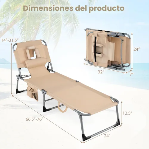 Vista 3 de COSTWAY Silla de salón plegable de playa, silla de bronceado con agujero para la cara, respaldo ajustable de 5 posiciones, almohada y bolsillo