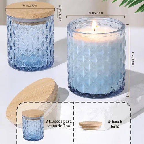 Vista 2 de MATAHUM Paquete de 8 tarros de vela azules para hacer velas, tarros de vidrio vacíos de 7 onzas para hacer velas con tapas de bambú para suministros