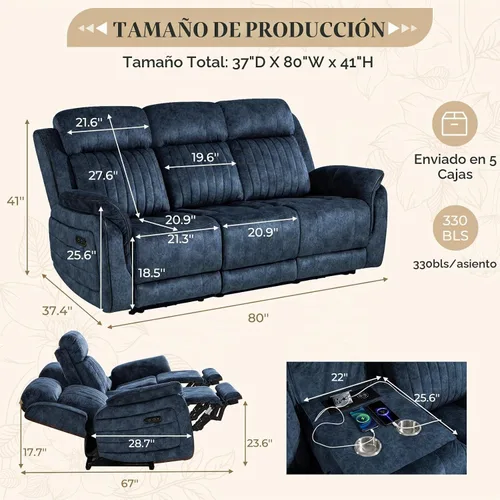 Vista 2 de Sofá reclinable eléctrico con gravedad cero, sillón reclinable eléctrico con reposacabezas ajustable, carga inalámbrica, puertos USB/C, sofá Azul