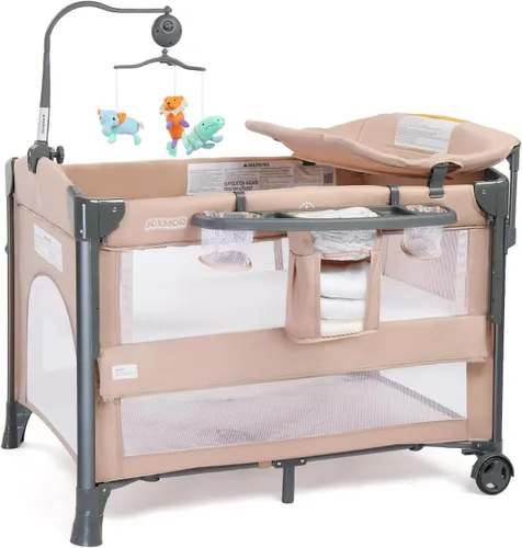 Vista 7 de Joymor Cama de noche para bebé, cambiador, moisés con colchón, cama plegable de viaje, con juguete, ruedas y freno, bolsa de transporte, para niños