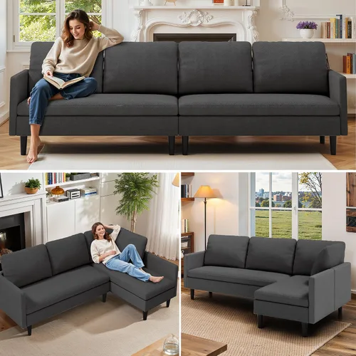 Vista 4 de Gizoon Sofá modular modular en forma de L, sofá cama moderno de 4 asientos con módulos desmontables, tela de tela de rizo, 6 patas para sala de Gris