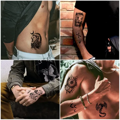 Vista 4 de Cerlaza 112 hojas de tatuajes temporales para hombres adultos, tatuajes falsos para cuello, brazo, dedo, tatuajes temporales, tigre, lobo, león