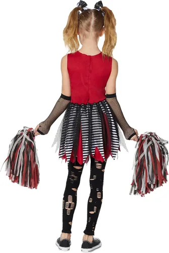 Vista 2 de Spirit Halloween Disfraz de animadora zombi para niños, uniforme de animadora, vestido de animadora espeluznante, falda roja y negra
