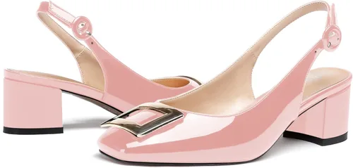 Vista 6 de WAYDERNS Zapatos de tacón bajo grueso de 2 pulgadas con hebilla rectangular de metal dorado para mujer, Oro