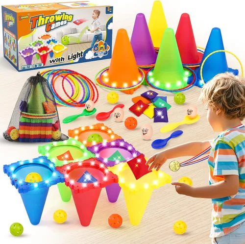Vista 7 de Eocolz Juego combinado de 49 piezas de juegos de carnaval al aire libre para niños con luz LED, conos de plástico, obstáculos, puf, bolas