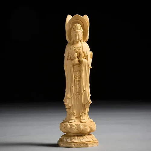 Vista 6 de Estatua china de Nanhai Quan Yin Feng Shui, tallado a mano boj tres lados Kuan Yin Buddha estatua decoración de oficina en casa, escultura femenina