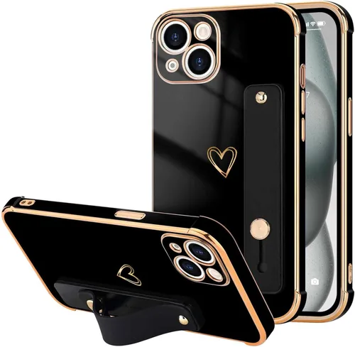 Vista 12 de LLZ.COQUE Funda compatible con iPhone 12 para mujeres y niñas, parachoques chapado de lujo con bonito diseño de corazón de amor, soporte de correa