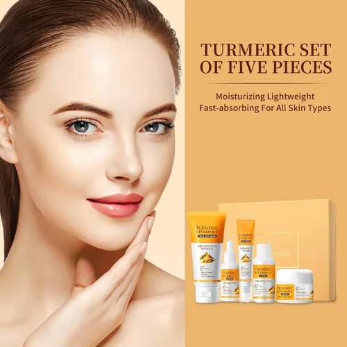 Vista 2 de Juego de cuidado de la piel de cúrcuma para mujeres, kit de cuidado facial hidratante y nutritivo con limpiador, tónico, suero, crema para ojos e