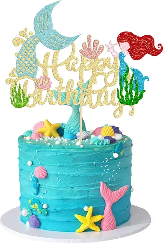 Vista 14 de Gyufise 1 pieza de decoración de pastel de sirena de feliz cumpleaños con purpurina de animales del océano, conchas marinas, cola de sirena