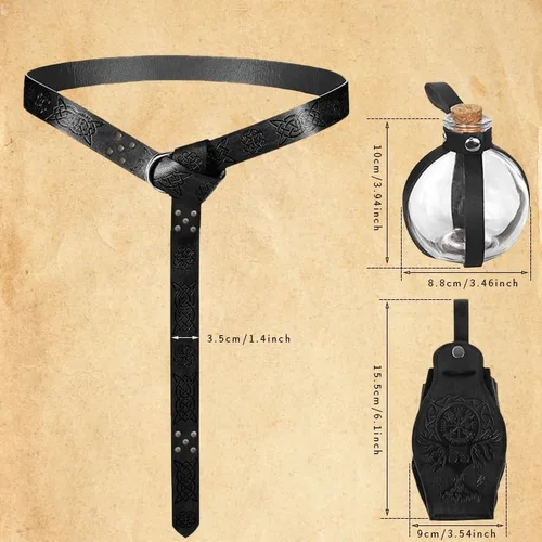 Vista 3 de FAXBURD Kit de cinturón vikingo medieval, 3 unidades, botellas de poción con cinturón de corcho, bolsa medieval, accesorios renacentistas