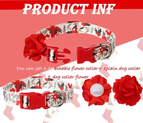 Vista 4 de Collares navideños para perros con flor roja extraíble, collar de perro pequeño para perras hembras