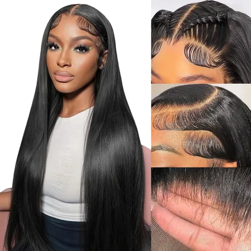 Vista 13 de Pelucas de cabello humano lacio prearrancado de 13 x 6 pulgadas, pelucas de cabello humano de densidad 200 HD transparente con encaje frontal