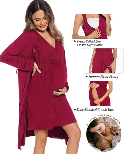 Vista 4 de SWOMOG Conjunto de bata y bata de maternidad para mujer, 3 en 1, camisón de lactancia para lactancia materna y hospital, bata de baño