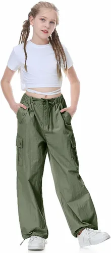 Vista 10 de Rolanko Pantalones de paracaídas para niñas, pantalones cargo Y2K con bolsillos, pantalones deportivos Harajuku para niños de 4 a 14 años