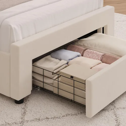 Vista 3 de HITHOS - Base de cama tapizada tamaño individual, cabecera de almacenamiento LED, color beige Velvet Bedframe with Storage Drawers, Wingback with