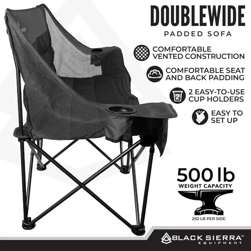 Vista 4 de Black Sierra - Silla de campamento plegable doble acolchada, sofá de campamento plegable de gran tamaño, sofá biplaza portátil para exteriores