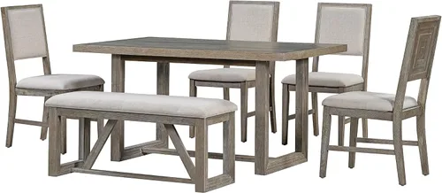 Vista 7 de Merax Juego de mesa de comedor retro de 60 pulgadas, mesa de cocina rectangular de madera con 4 sillas tapizadas y 1 banco para comedor y cocina Gris