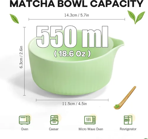 Vista 4 de Juego de té matcha tradicional, juego completo de 8 piezas con cuenco de cerámica Chawan con boquilla, batidor de bambú y soporte, cuchara, tamiz