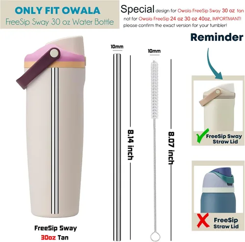 Vista 2 de ALINK Pajitas de acero inoxidable para botella de agua Owala FreeSip Sway de 30 onzas, paquete de 6 popotes de repuesto de metal reutilizables solo