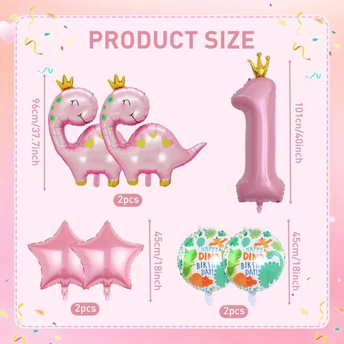 Vista 2 de 7 globos de dinosaurio con corona rosa, globos de aluminio Mylar para cumpleaños de niñas, suministros de primera fiesta color rosa