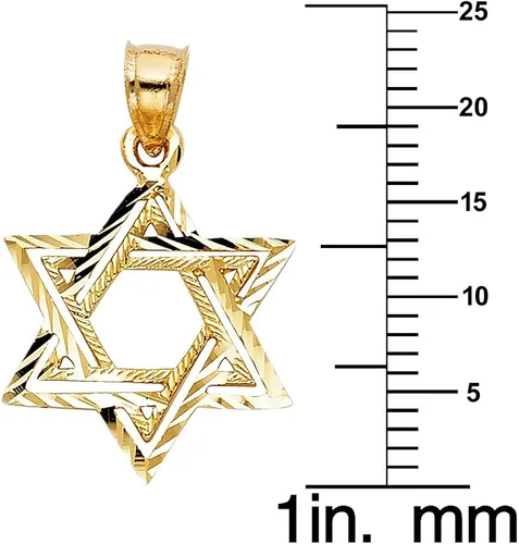 Vista 2 de Colgante religioso con textura de estrella de David de oro amarillo de 14 quilates con cadena de trigo plana de 0059in