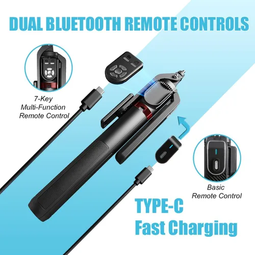 Vista 3 de Soporte extensible de 86 pulgadas con rotación de 360° para selfie y trípode con control remoto inalámbrico Bluetooth dual y 2 luces LED de relleno