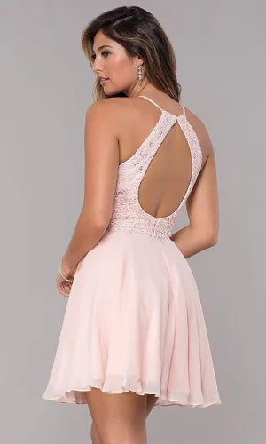 Vista 2 de Vestido halter de fiesta corto de encaje con cuentas y de espalda abierta para mujer, Blanco, 8