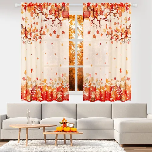 Vista 3 de FRAMICS Cortinas traslúcidas de otoño de Acción de Gracias para sala de estar, cortinas de hojas de arce que caen, 2 paneles de cortinas de gasa