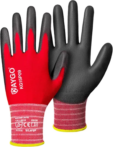 Vista 8 de KAYGO Guantes de trabajo con revestimiento de poliuretano 12 pares, KG15P, forro de nailon con revestimiento de poliuretano flexible, guantes