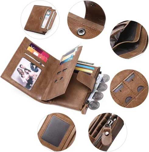 Vista 4 de FALAN MULE Cartera para hombre de piel auténtica suave con bloqueo RFID plegable elegante con bolsillo para monedas con 4 ventanas de identificación