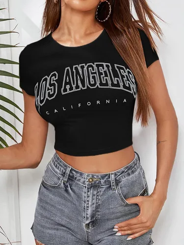 Vista 2 de Hilinker Camiseta corta de manga corta con cuello redondo y estampado de letras para mujer