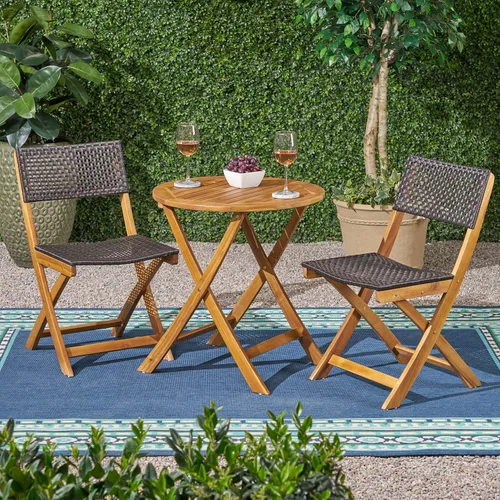 Vista 2 de GDFStudio Juego de bistró plegable de mimbre de madera de acacia al aire libre con sillas y mesa, acabado de teca y marrón