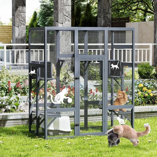 Vista 11 de COZIWOW Catio de madera grande de 70 pulgadas para exteriores con perchas y condominios, jaula para gatos interior con techo impermeable, 7