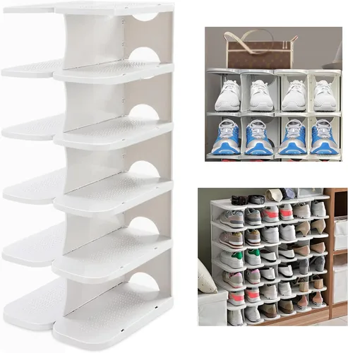 Vista 10 de Zapatero grueso de 6 niveles, organizador de zapatos de combinación gratuita para armario, torre de zapatos independiente, estante ajustable Gris