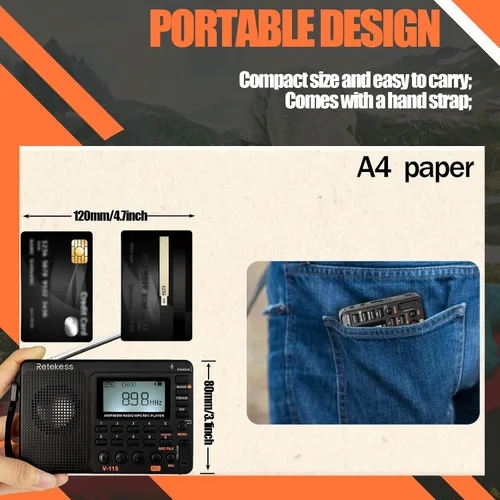 Vista 2 de Retekess Radio de onda corta V115, Radio Digital AM FM, receptor de onda corta con batería recargable de 1000 mAh, preajustes, reproducción